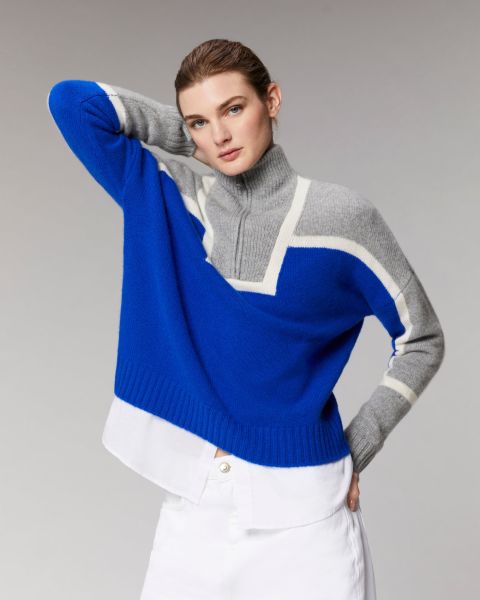 Two-Tone Trucker Collar Sweater (H23 / Women / Pop Blue) Cashmere Sweaters From Future Pop Blue Women