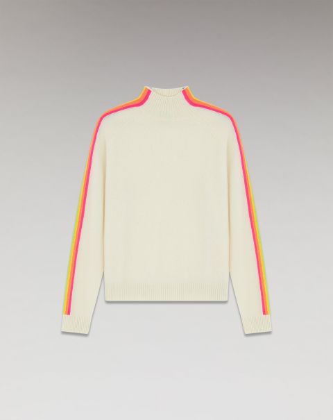 Women Cashmere Sweaters Ecru From Future Light Multicolor Sleeve Striped Mock Neck Sweater ( H23 / Women / Ecru)