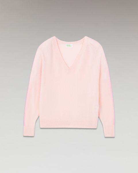 Powder Pink Oversized V-Neck Sweater With Two-Tone Stripes (H23 / Women / Powder Pink) Women Cashmere Sweaters From Future