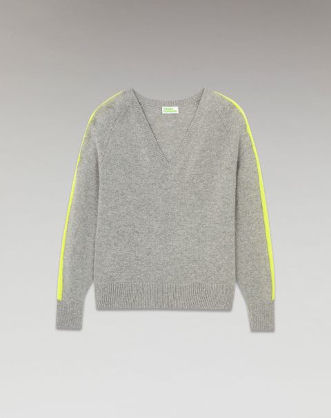 Dark Heather Gray Women From Future Cashmere Sweaters Oversized V-Neck Sweater With Two-Tone Stripes (H23 / Woman / Dark Heather Grey)
