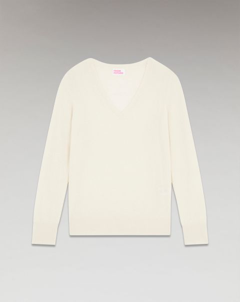 Basic V-Neck Sweater ( H23 / Women / Ecru) Ecru Cashmere Sweaters From Future Women