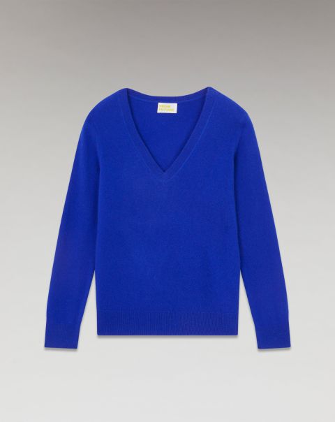 Basic V-Neck Sweater ( H23 / Woman / Pop Blue) From Future Pop Blue Women Cashmere Sweaters