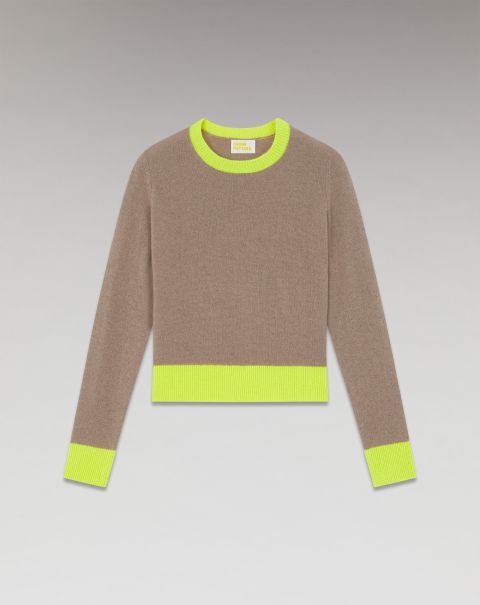 Taupe Cashmere Sweaters Women From Future Light Two-Tone Crewneck Sweater ( H23 / Woman / Taupe)