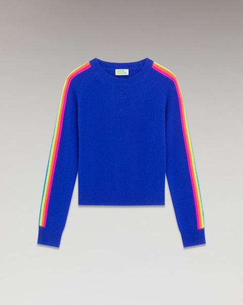 Pop Blue Women Crewneck Sweater Multicolored Stripes Sleeves ( H23 / Woman / Pop Blue) From Future Cashmere Sweaters