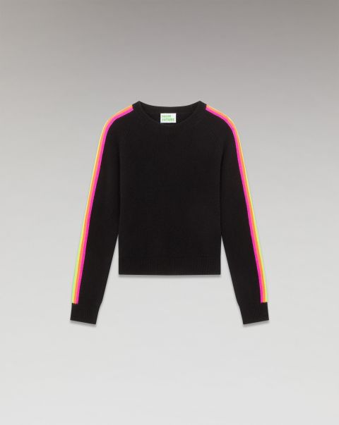 Black From Future Women Cashmere Sweaters Crewneck Sweater Multicolored Stripes Sleeves ( H23 / Woman / Black)