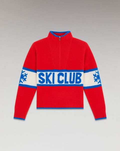 Women From Future Cashmere Sweaters Ski Club Trucker Neck Sweater (H23 / Women / Power Red) Power Red
