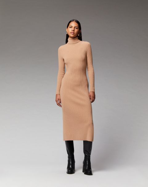 Women Cashmere Turtleneck Sweaters Camel Ribbed Turtleneck Long Sleeve Long Dress ( H23 / Woman / Camel) From Future