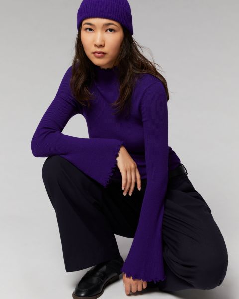 Women Merino Wool Sweaters From Future Flared Sleeve Ribbed Mock Neck Sweater ( H23 / Woman / Intense Purple) Intense Purple