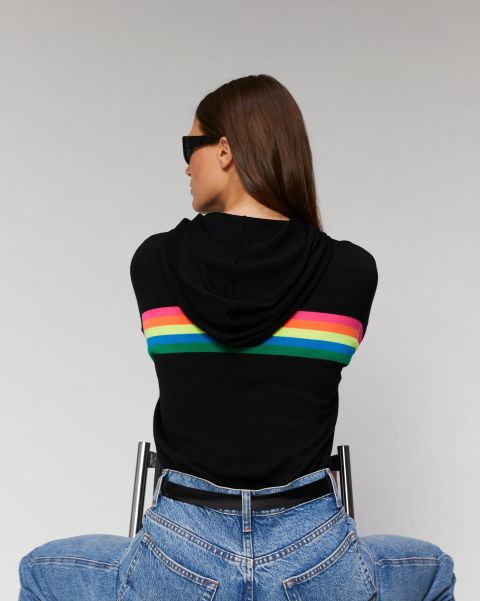 From Future Black Merino Wool Sweaters Women Multicolor Stripes Hoodie Sweater ( H23 / Woman / Black)