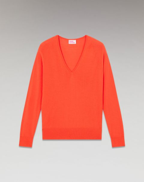 Oversized V-Neck Sweater ( H23 / Woman / Neon Orange) Neon Orange From Future Merino Wool Sweaters Women