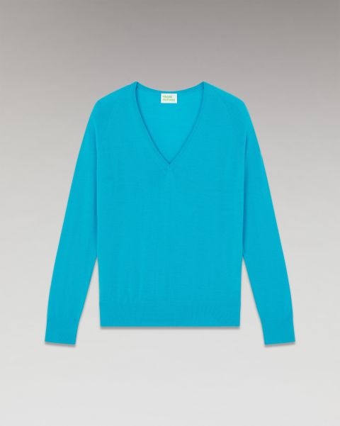 Women Water Blue Oversized V-Neck Sweater ( H23 / Woman / Water Blue) Merino Wool Sweaters From Future