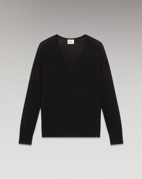 Women From Future Oversized V-Neck Sweater ( H23 / Woman / Black) Black Merino Wool Sweaters