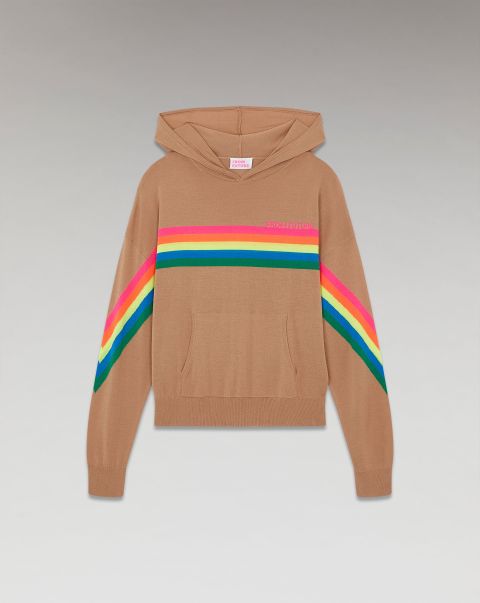 Merino Wool Sweaters Camel Multicolor Stripes Hoodie Sweater ( H23 / Woman / Camel) From Future Women