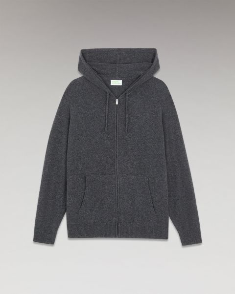 Charcoal Gray Men Cashmere Sweaters Basic Zipped Hoodie Sweater ( H23 / Man / Anthracite H) From Future