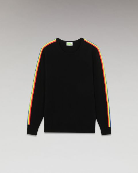 Men From Future Cashmere Sweaters Crewneck Sweater Multicolored Stripes Sleeves ( H23 / Man / Black) Black