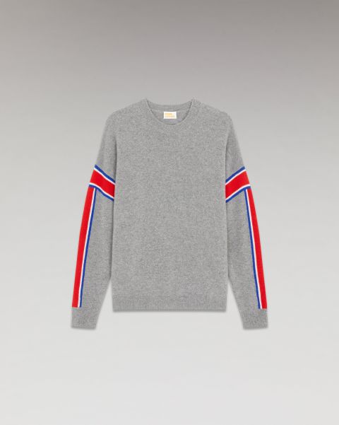 Cashmere Sweaters From Future Dark Heather Gray Men Crewneck Sweater With Tricolor Stripes (H23 / Men / Dark Heather Grey)