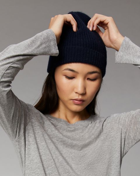Cuffed Beanie With Small Ribs (H23 / Accessories / Navy) Navy Cashmere Beannies From Future Accessories