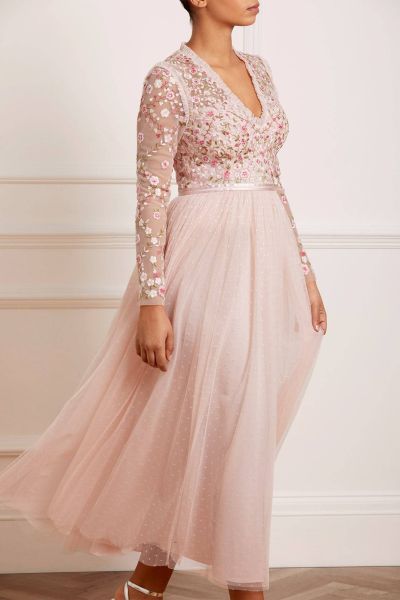 Women Dresses Pink Needle & Thread Durable Rosie Lace Bodice Long Sleeve V-Neck Ankle Gown