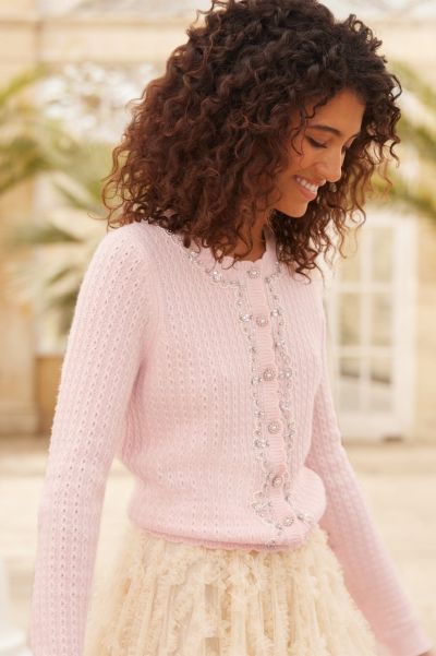 Knitwear Resilient Crystal Border Short Cardigan Pink Needle & Thread Women