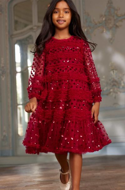 Women Red Mummy & Me Needle & Thread Amplify Dot Shimmer Long Sleeve Kids Dress