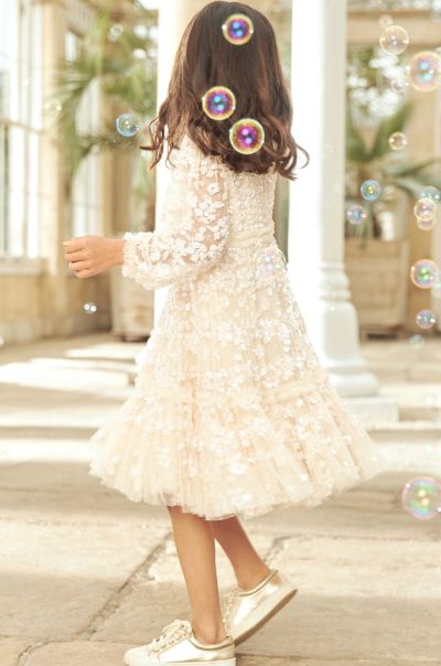 Needle & Thread Margot Long Sleeve Kids Dress Final Clearance Responsibly Sourced Kids Champagne Kids